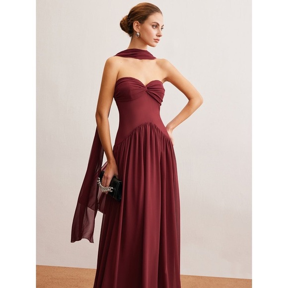 Commense Semi-Sheer Ruched Long-Ribbon Tube Dress red size M/6 - Picture 5 of 10